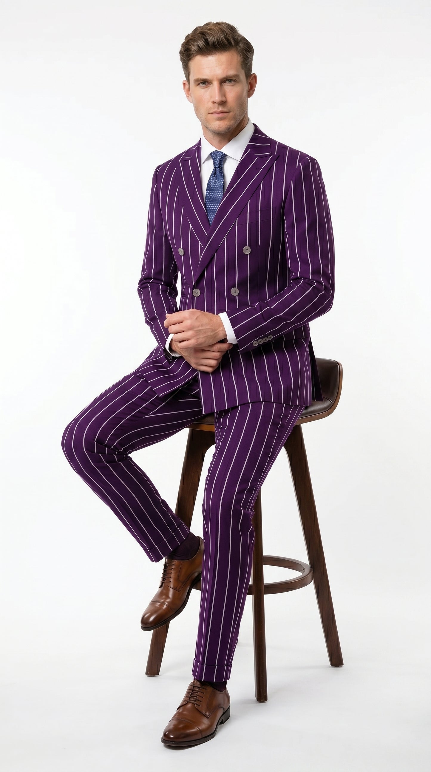 Men’s Dark Purple Pinstripe Double Breasted 1920s Gangster Suit, Vintage Formal Dress Suit