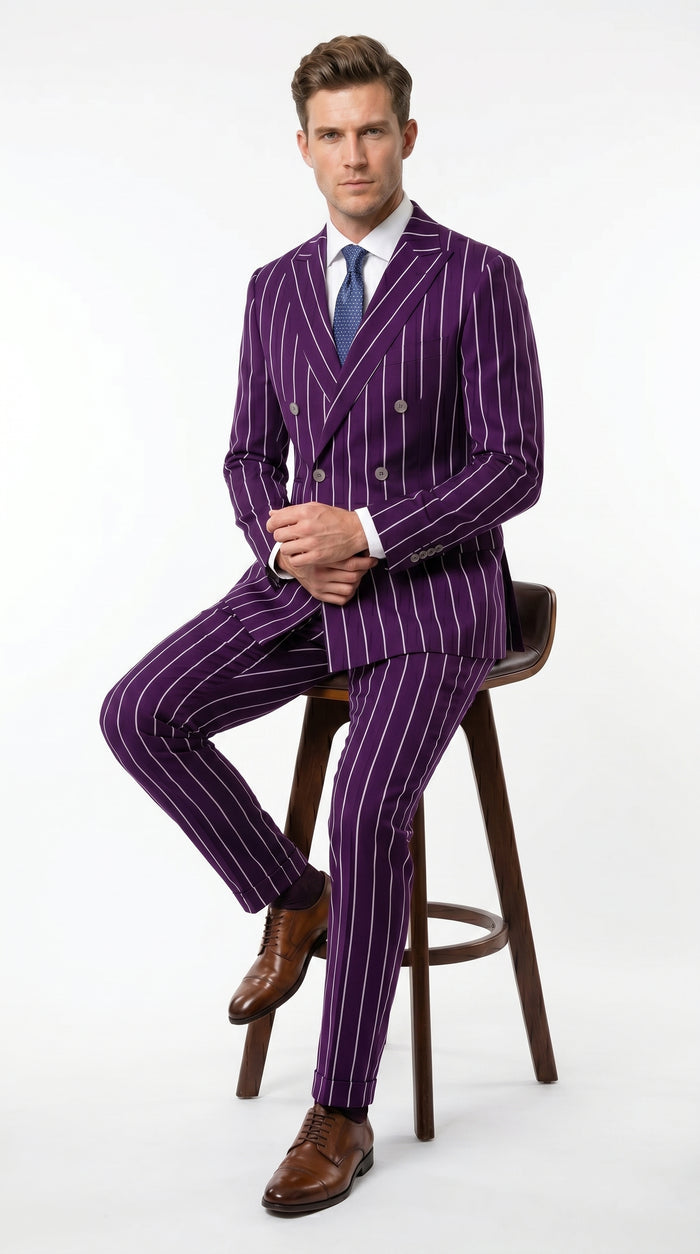 Men’s Dark Purple Pinstripe Double Breasted 1920s Gangster Suit, Vintage Formal Dress Suit