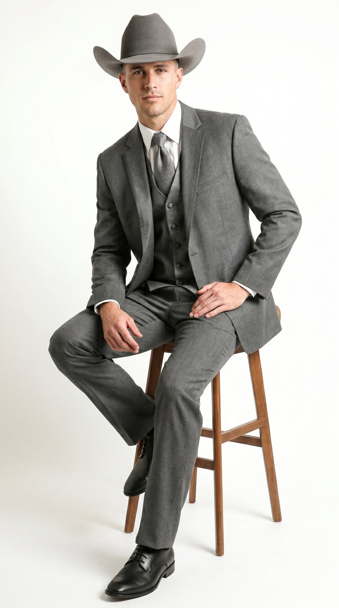 Men’s Grey 2 Button Trim Cowboy Tuxedo with Vest, Western Wedding Formal Suit
