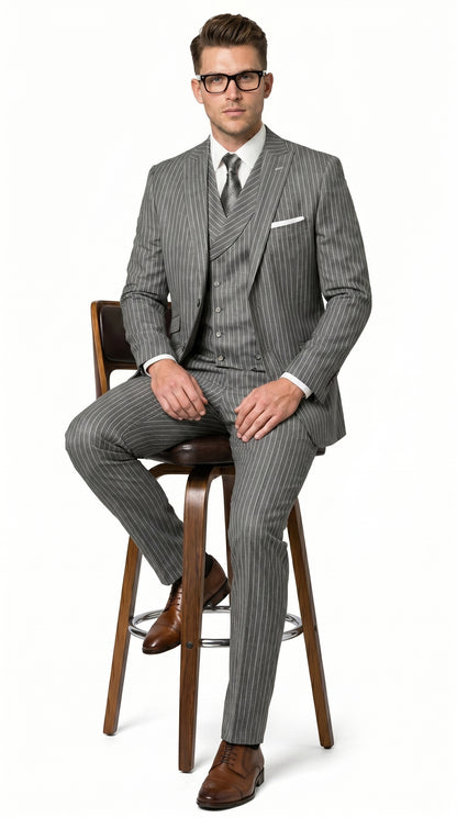 Men’s Grey Pinstripe Double Breasted Vest Suit 2 Button Gangster Style Formal Suit