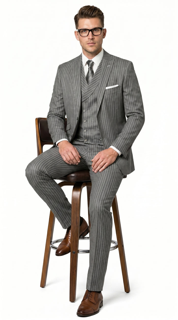 Men’s Grey Pinstripe Double Breasted Vest Suit 2 Button Gangster Style Formal Suit
