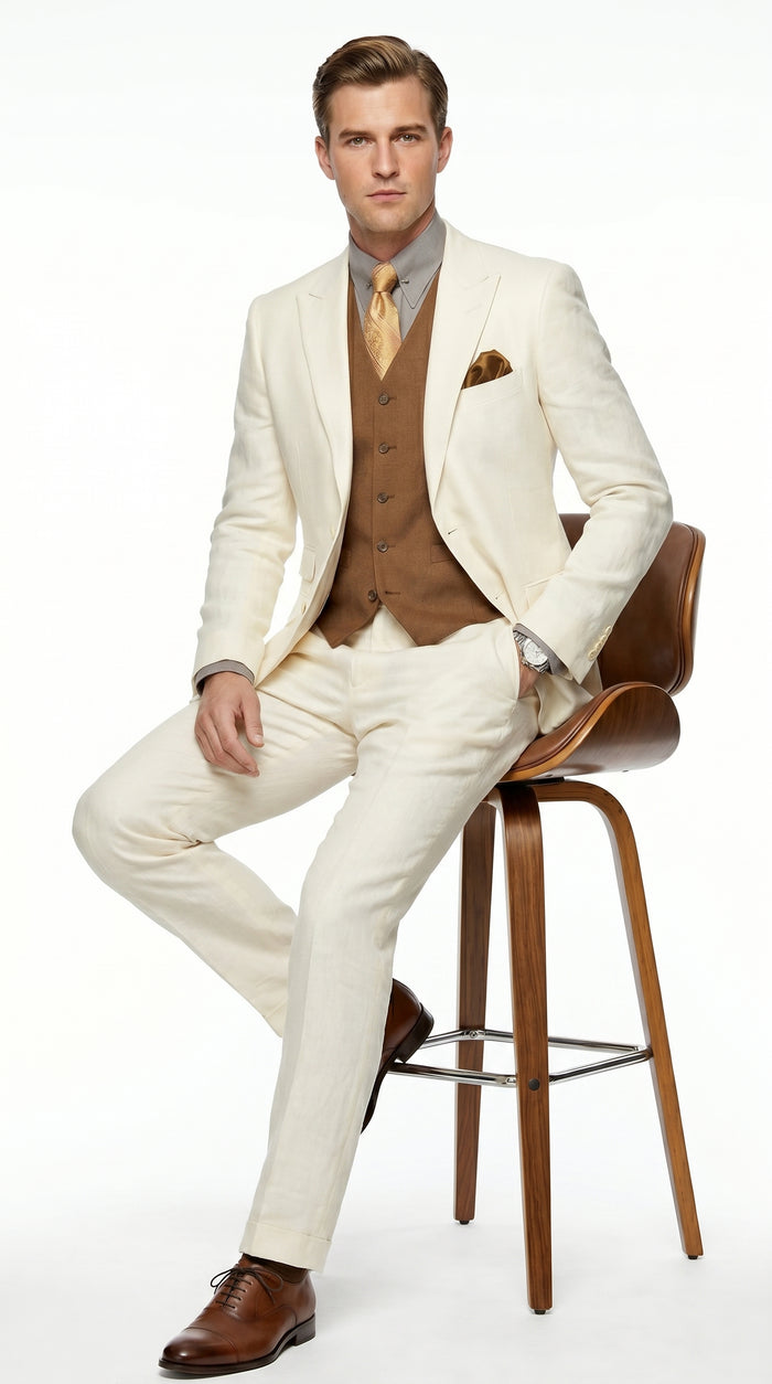 Men’s Ivory Great Gatsby Inspired Suit with Jacket, Vest and Pants, Vintage Formal Wedding Suit