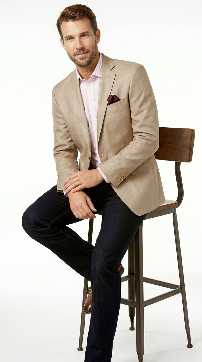 Men’s Tan Beige Sport Coat with 2 Button Front, Summer Dress Casual Blazer Jacket