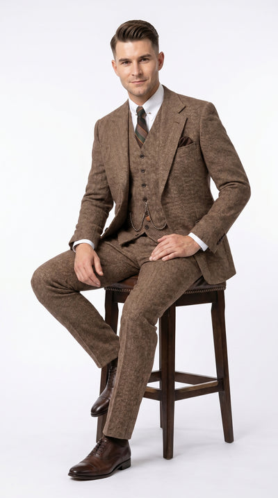 Men’s Light Brown Great Gatsby Inspired Tweed Herringbone Vested Suit, Vintage Formal Wedding Suit