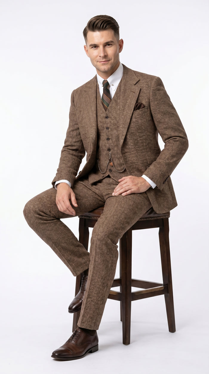 Men’s Light Brown Great Gatsby Inspired Tweed Herringbone Vested Suit, Vintage Formal Wedding Suit