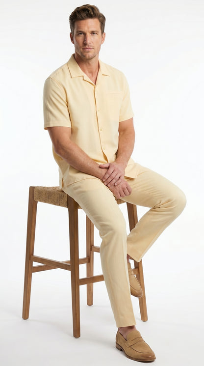 Men’s Yellow Patterned Short Sleeve Walking Suit with Matching Pants, Casual Summer Dress Outfit