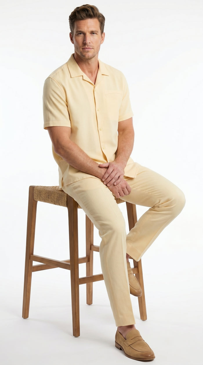 Men’s Yellow Patterned Short Sleeve Walking Suit with Matching Pants, Casual Summer Dress Outfit