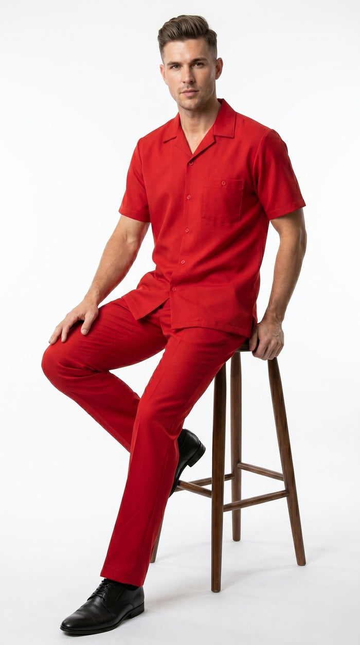 Men’s Red Short Sleeve Walking Suit with Matching Pants, Casual Summer Dress Outfit