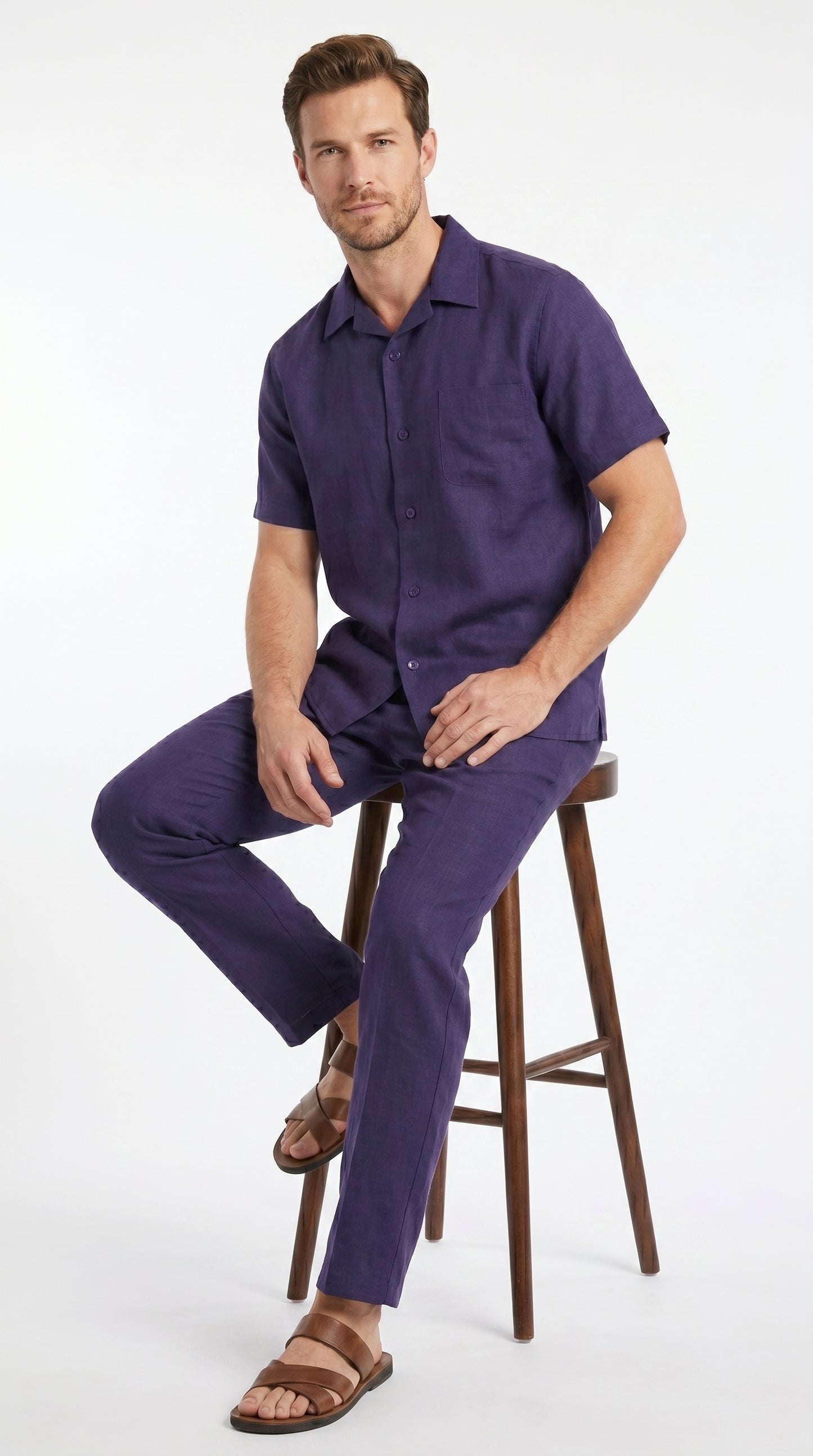 Men’s Navy 100% Linen Short Sleeve Walking Suit, Casual Leisure Shirt and Pants Set