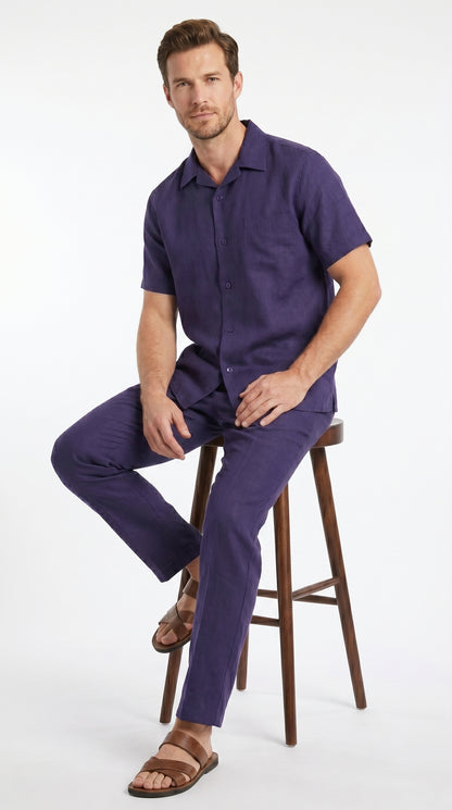 Men’s Navy 100% Linen Short Sleeve Walking Suit, Casual Leisure Shirt and Pants Set