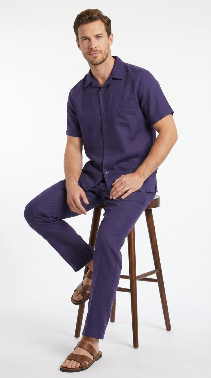 Men’s Navy 100% Linen Short Sleeve Walking Suit, Casual Leisure Shirt and Pants Set