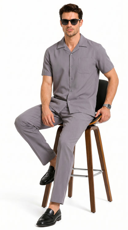 Men’s Solid Grey Short Sleeve Walking Suit with Matching Pants, Casual Summer Dress Outfit
