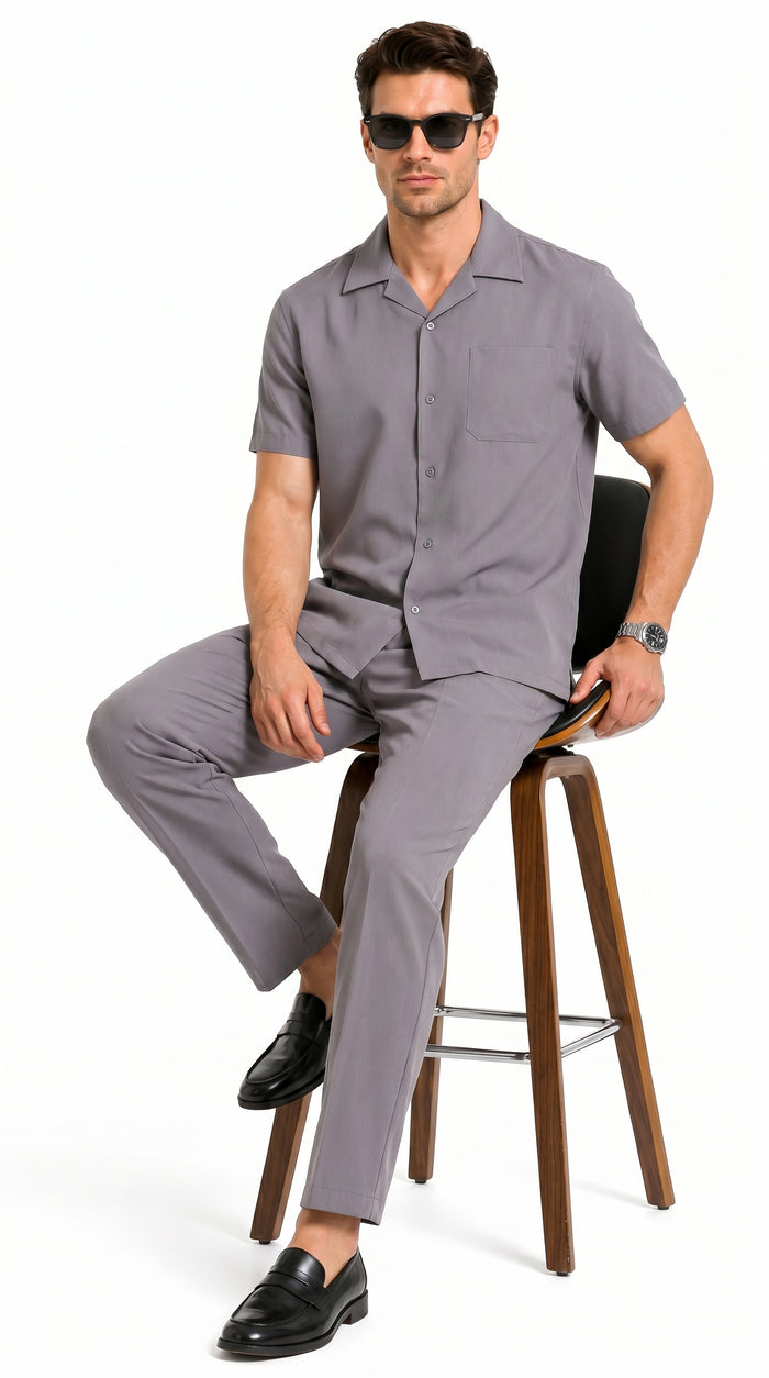 Men’s Solid Grey Short Sleeve Walking Suit with Matching Pants, Casual Summer Dress Outfit
