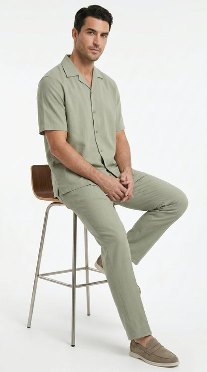 Men’s Solid Light Olive Short Sleeve Walking Suit with Matching Pants, Casual Summer Dress Outfit
