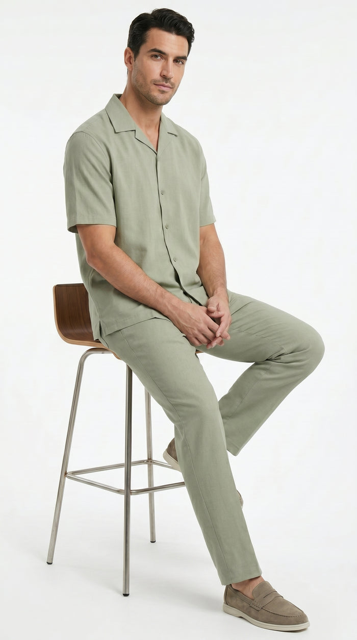Men’s Solid Light Olive Short Sleeve Walking Suit with Matching Pants, Casual Summer Dress Outfit
