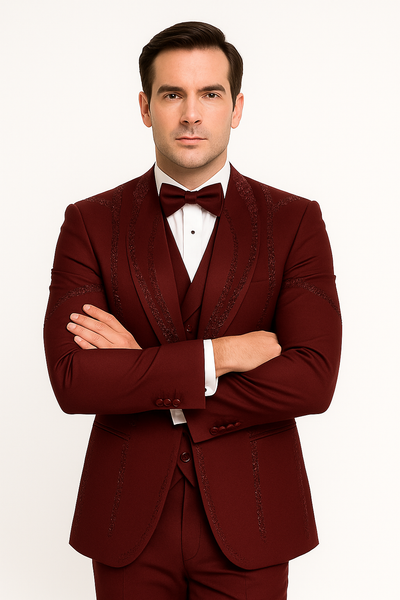 Men’s Burgundy Italian Wool 3-Piece Modern Formal Tuxedo 3   - from alligatorwarehouse.com