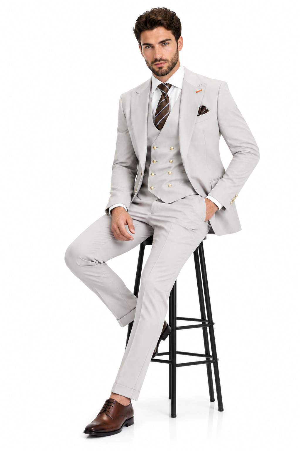 Men's Ash Statement Ticket Pocket Peak Lapel Wool Double Breasted Vest Suit with Gold Buttons – Modern Fit