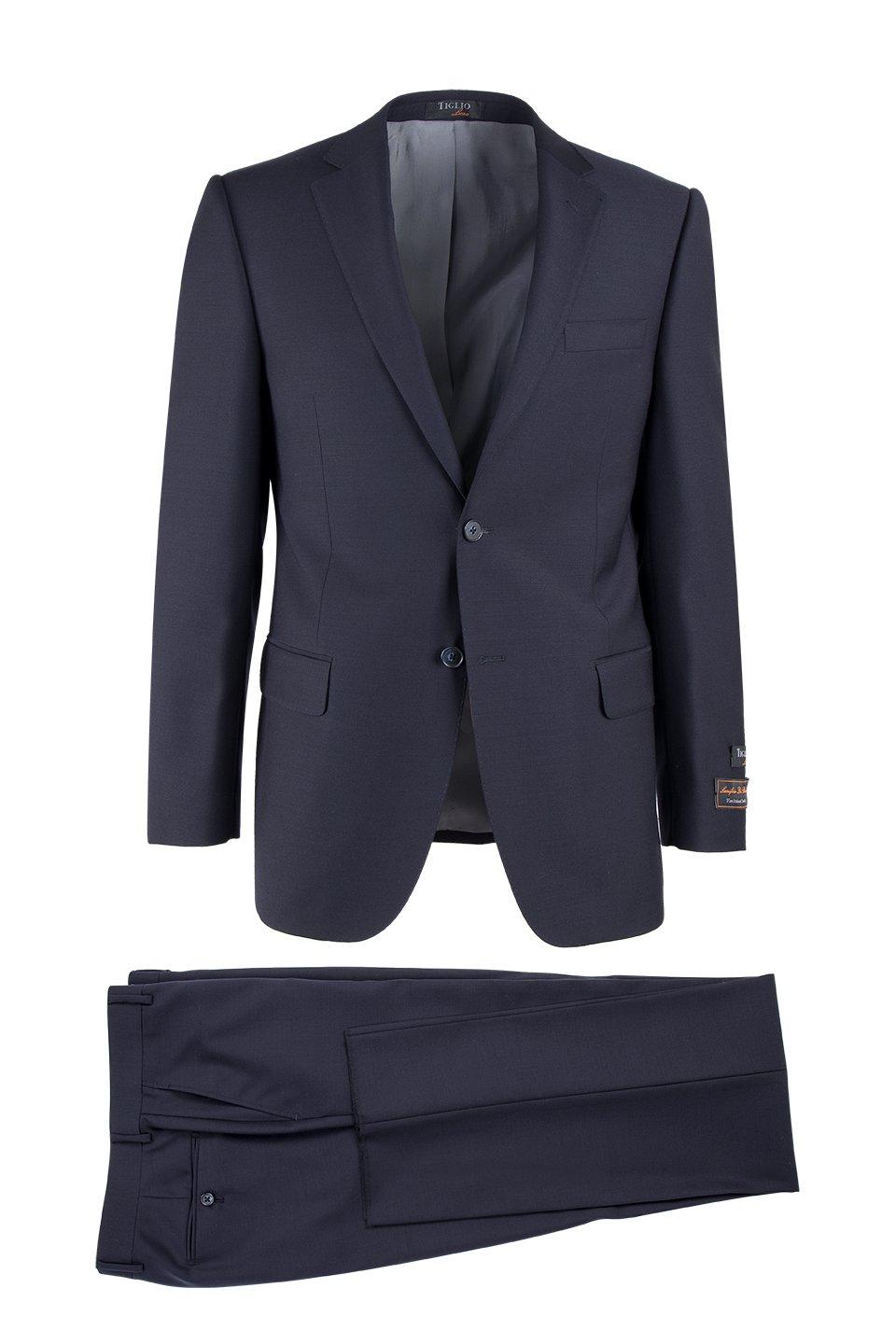 Tiglio Italian Suit - Real Wool Fabric Super 150's Novello Navy, Modern Fit Suit in Color Navy