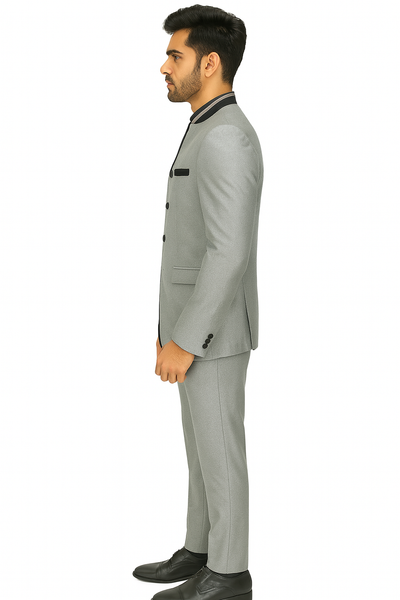 Mens 4 button Mandarin Tuxedo in Sharkskin Silver Grey with Black Trim 8 18-6081  - from alligatorwarehouse.com