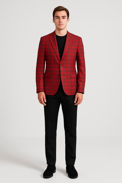 Modern Red Plaid Blazer – Tartan Windowpane Pattern Christmas Party Color