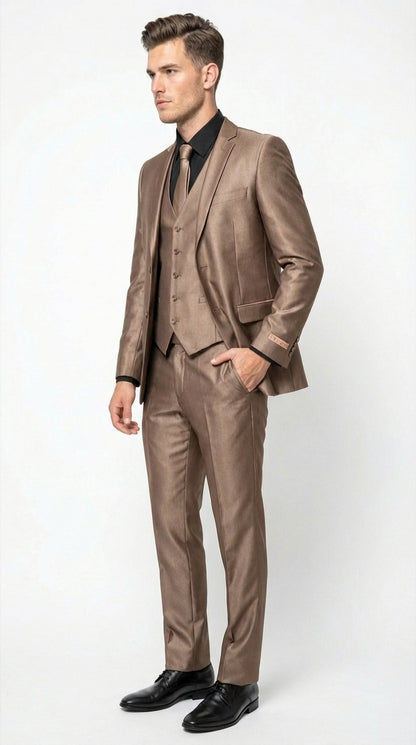 Men’s Bronze Brown Mocco 3 Piece Suit – Modern Formal Suit Set for Wedding, Prom and Business Events Light Brown Coffee Dark Tan