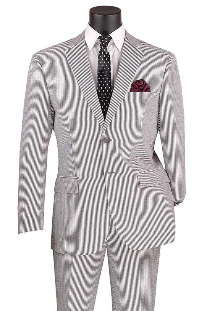 Men’s Black Pinstripe Summer Seersucker 2 Piece Suit with Jacket and Pants