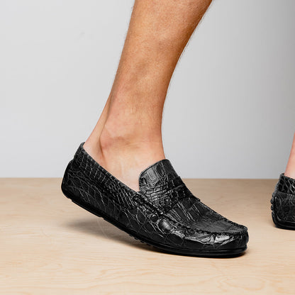 Zelli Monza Caiman Crocodile Penny Loafer Driving Shoes in Black