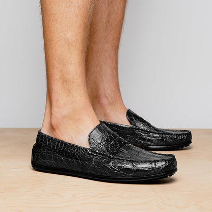 Zelli Monza Caiman Crocodile Penny Loafer Driving Shoes in Black
