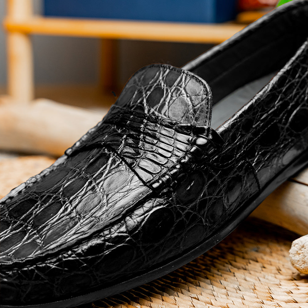 Zelli Monza Caiman Crocodile Penny Loafer Driving Shoes in Black