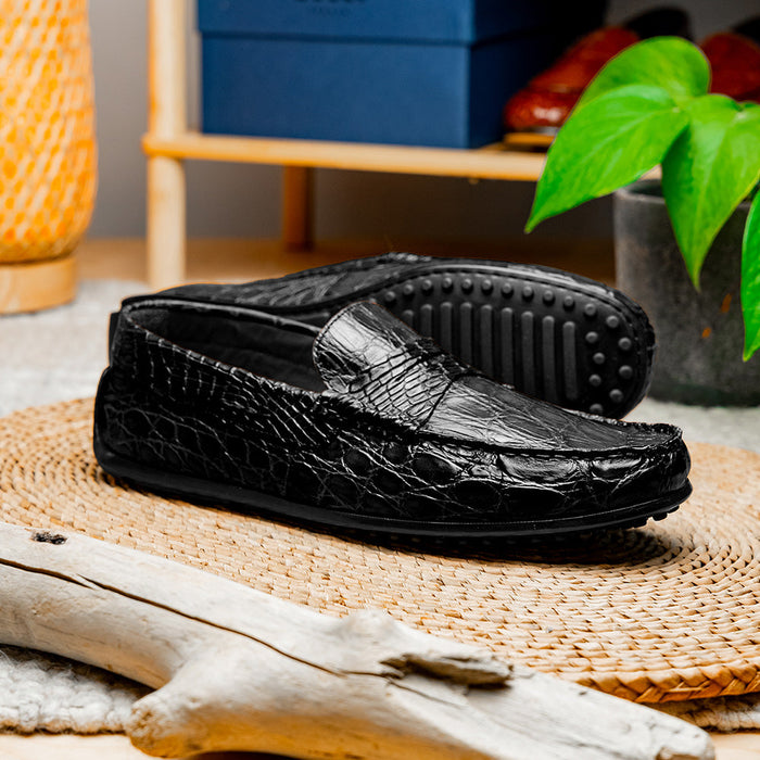Zelli Monza Caiman Crocodile Penny Loafer Driving Shoes in Black