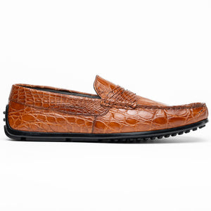 Zelli Monza Genuine Caiman Crocodile Driving Loafers in Cognac