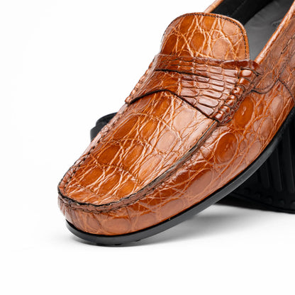 Zelli Monza Genuine Caiman Crocodile Driving Loafers in Cognac