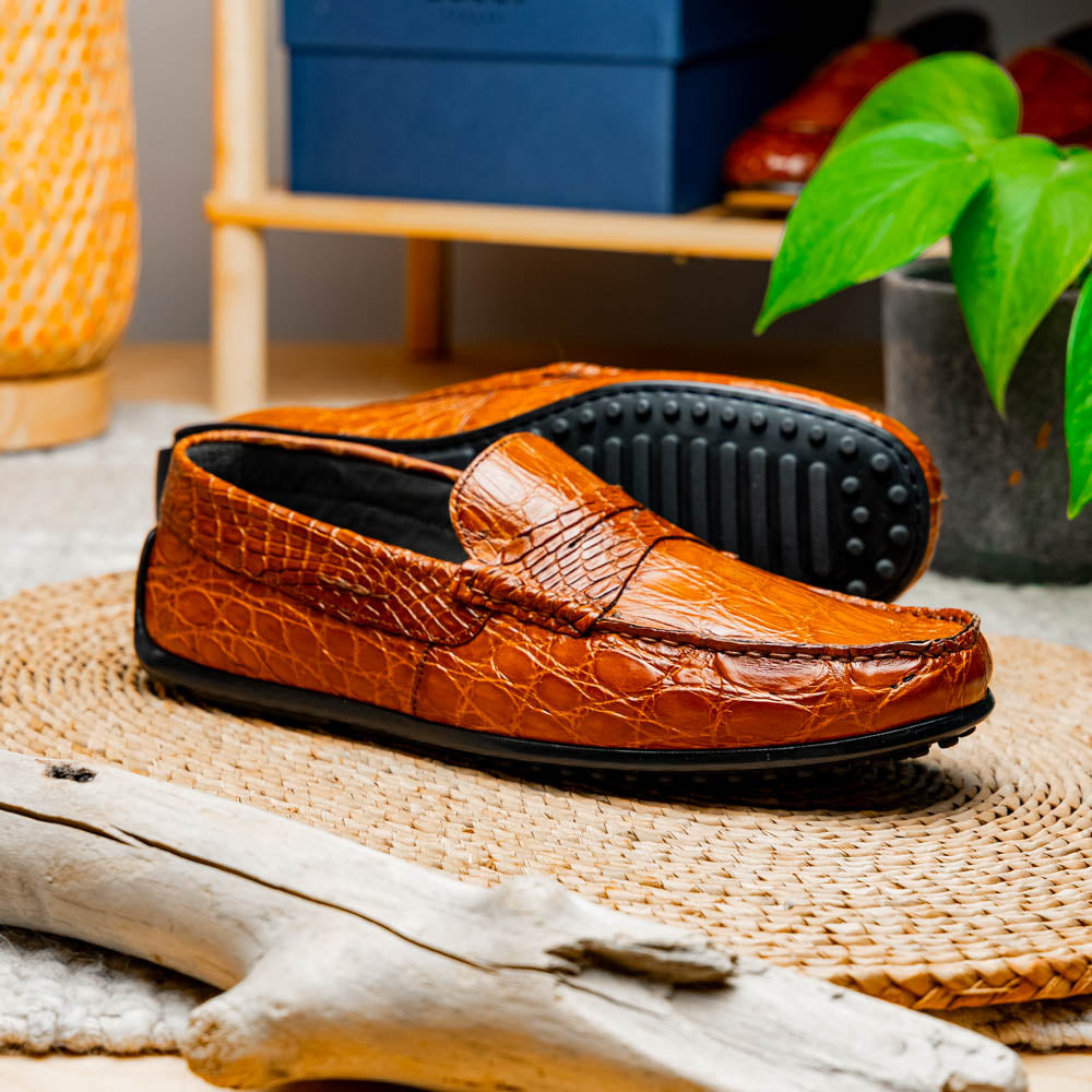 Zelli Monza Genuine Caiman Crocodile Driving Loafers in Cognac