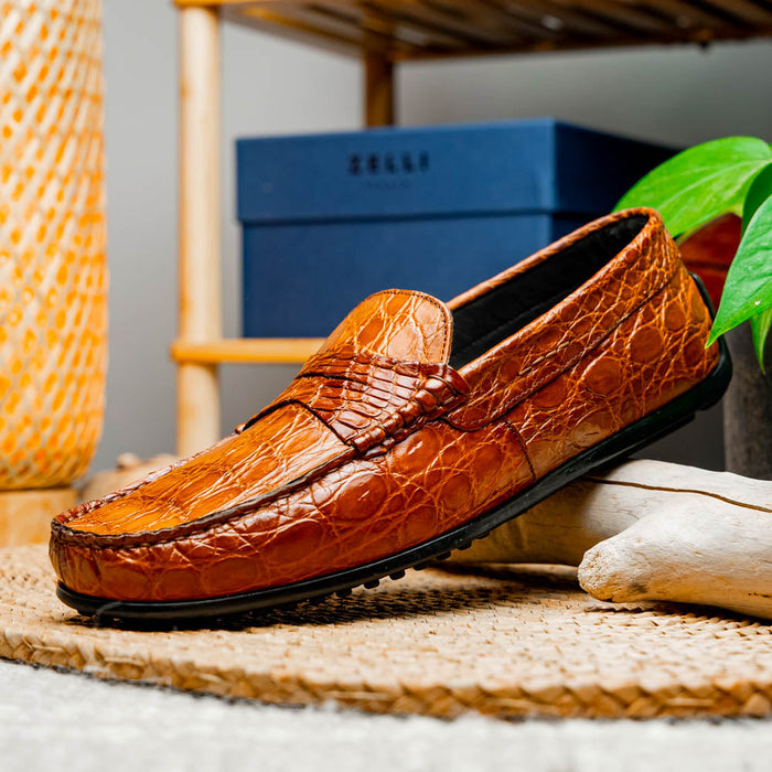 Zelli Monza Genuine Caiman Crocodile Driving Loafers in Cognac