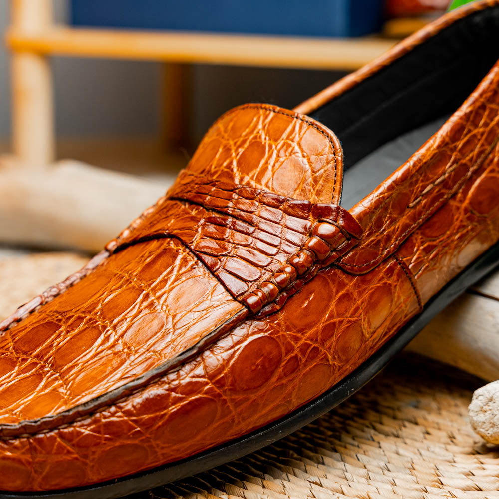 Zelli Monza Genuine Caiman Crocodile Driving Loafers in Cognac