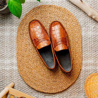 Zelli Monza Genuine Caiman Crocodile Driving Loafers in Cognac