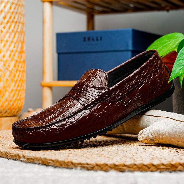 Zelli Monza Genuine Caiman Crocodile Driving Loafers in Nicotine