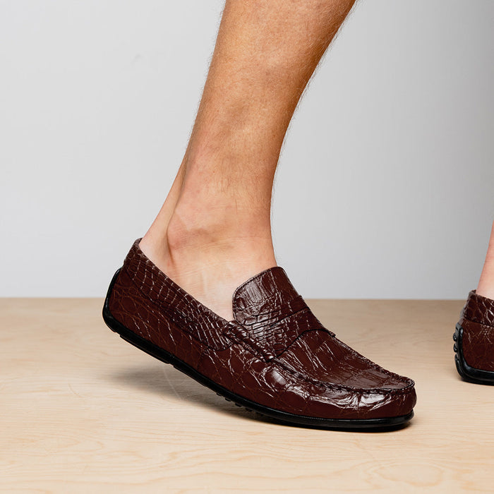 Zelli Monza Genuine Caiman Crocodile Driving Loafers in Nicotine