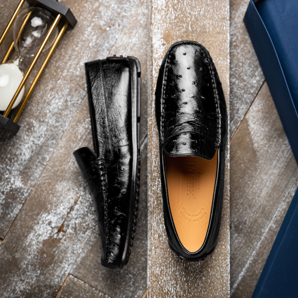 Zelli Monza Ostrich Quill Driving Loafers in Black