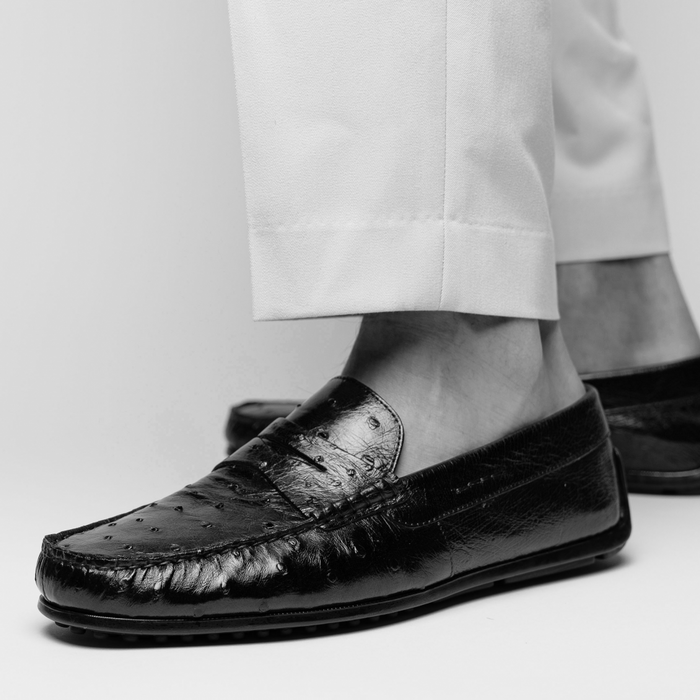 Zelli Monza Ostrich Quill Driving Loafers in Black