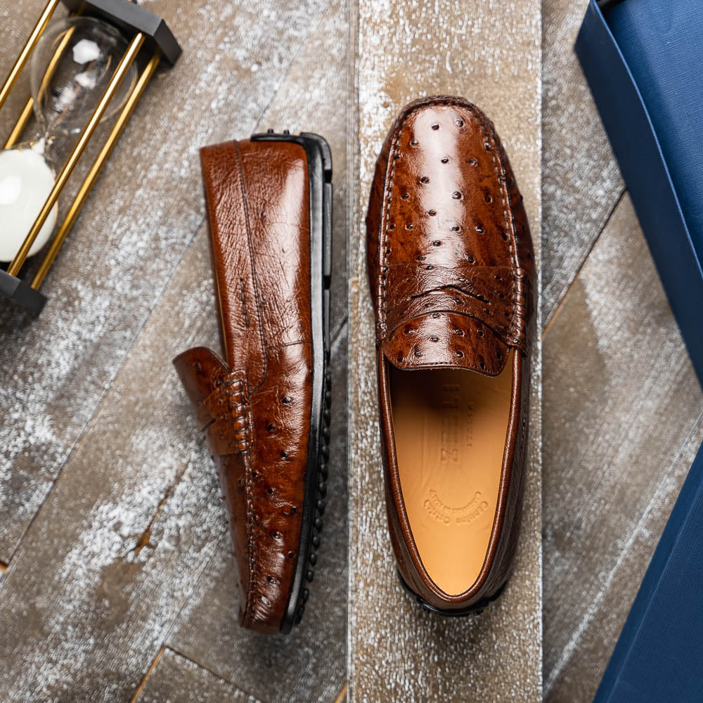 Zelli Monza Genuine Ostrich Quill Driving Loafers in Brown