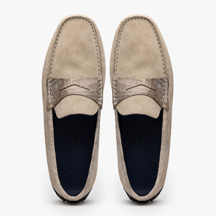 Zelli Monza Suede and Genuine Crocodile Driving Loafers in Sand