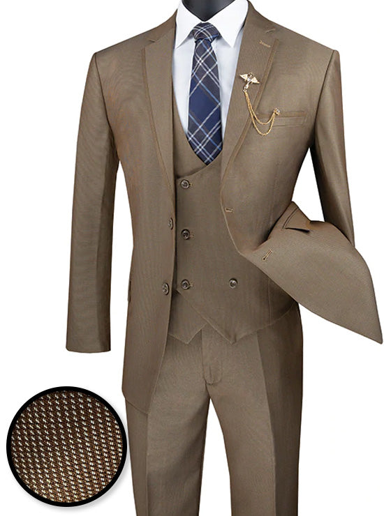 Birdseye Pattern Modern Fit 3 Piece Khaki Suit with Contrast Trim 1 SO1MV2B-1_KHAKI_38R  - from alligatorwarehouse.com