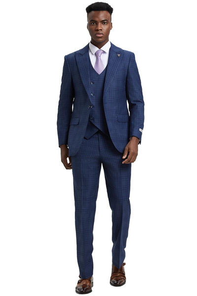 Men's Stacy Adams One Button Peak Lapel Double Breasted Vest Suit in Blue & Purple Plaid 3 SM170H1-12-38R  - from alligatorwarehouse.com