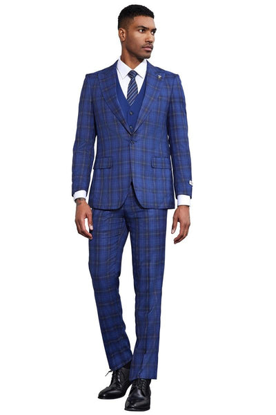 Men's Stacy Adams Bold Windowpane Plaid Print Vested Suit in Midnight Blue 2 SM177H1-26-38R  - from alligatorwarehouse.com
