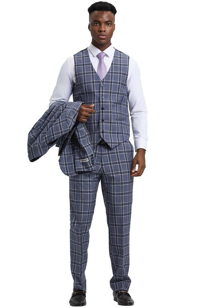 Men's Stacy Adams Two Button Vested Glen Plaid Check Suit in Grey 4 SM166H1-06-38R  - from alligatorwarehouse.com
