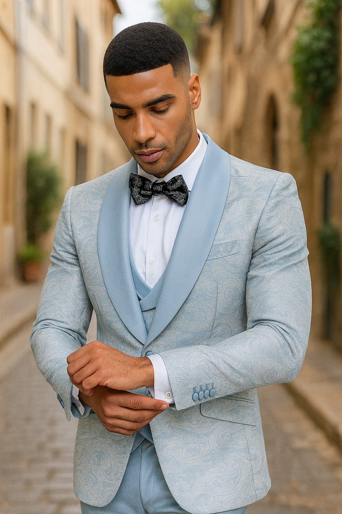 2026 Prom Special Blue Tuxedo Suit w/ Double-Breasted Vest by Tazzio