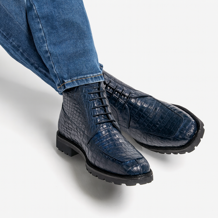 Navy Genuine Caiman Crocodile Belly Ankle Los Altos Boots