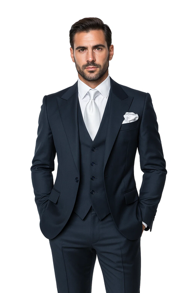 Suits With Baggy Pleated Pants - Wide Leg Pants 100% Wool - Classic Fit in Navy Single Breast Lapel by Rossiman 9   - from alligatorwarehouse.com