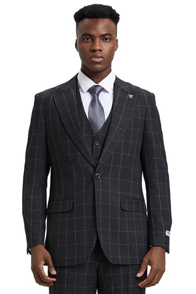 Men's Stacy Adams Vest Classic Bold Windowpane Suit in Dark Charcoal Grey 1 SM394H1-01-38R  - from alligatorwarehouse.com